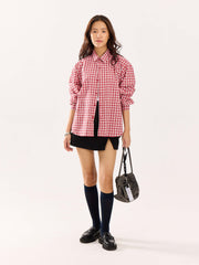 Red & White Checked Poplin Cropped Shirt ( Pre-Order )